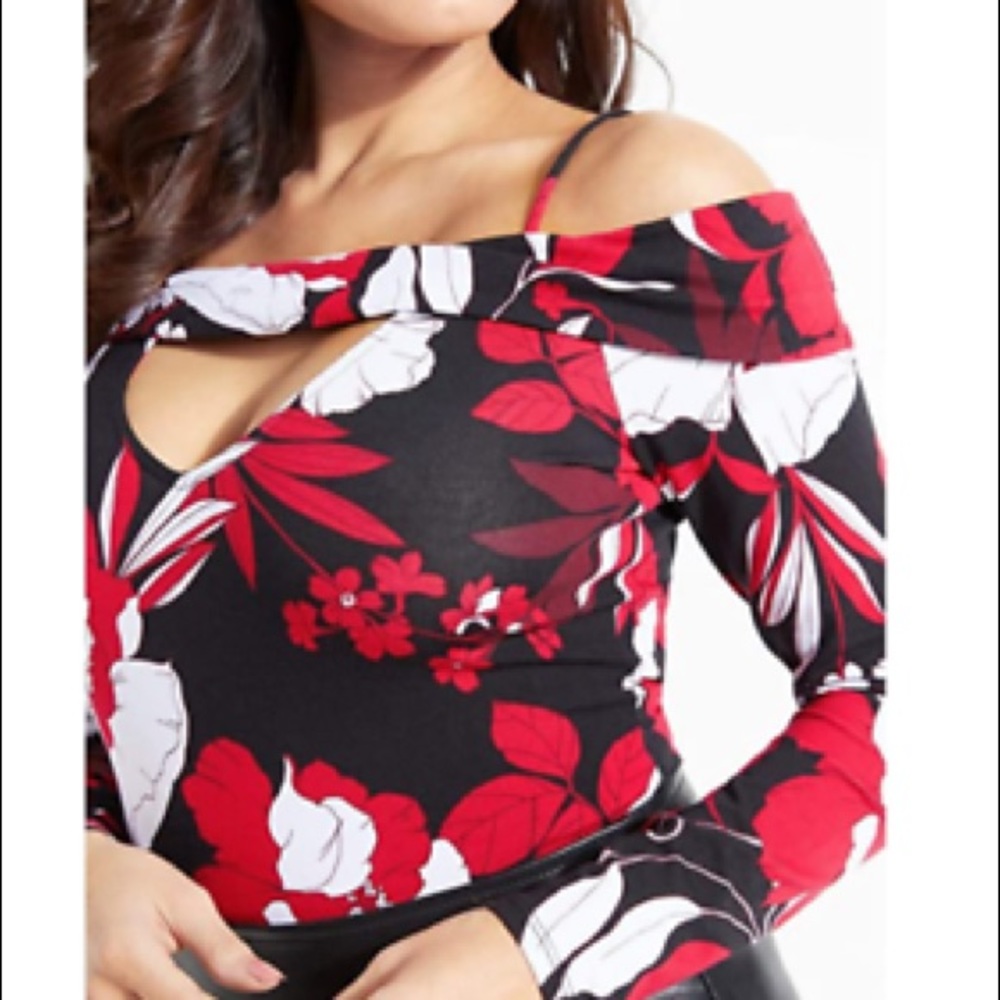 Off-Shoulder Floral Cutout Top in Red & Black